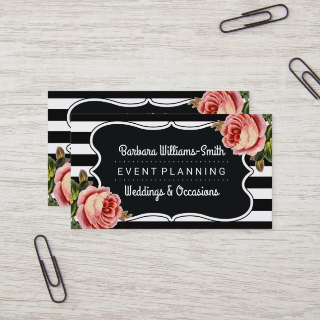 Floral BW Brackets | Stripes Event Planning Business Card (Front/Back In Situ)