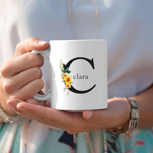 Floral C Monogram Mug with Editable Name (Floral C Monogram Mug with Editable Name. Yellow, Orange & Greenery Watercolor Flowers.)