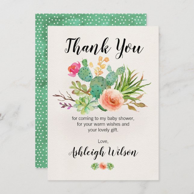 Floral Cactus Baby Shower Than k You Card (Front/Back)