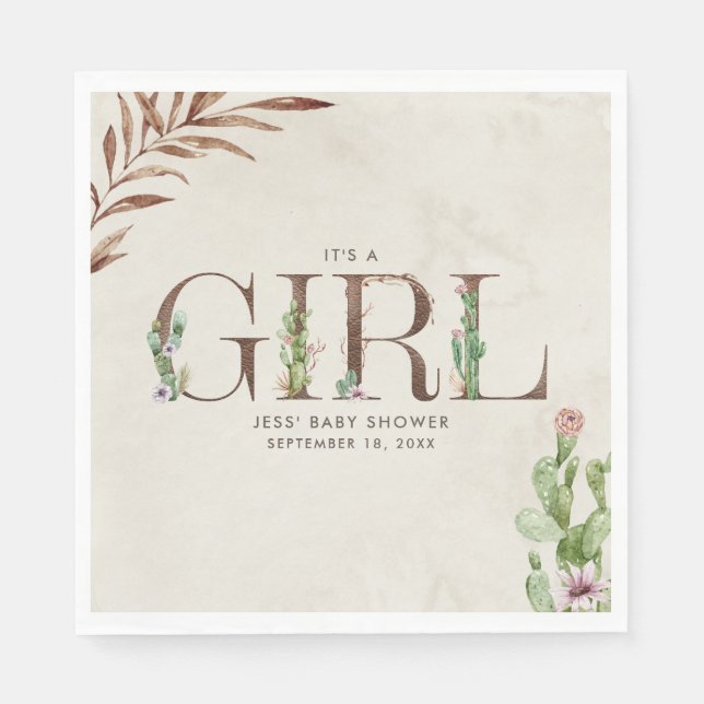 Floral Cactus Leather Girl Baby Shower Napkins (Front)