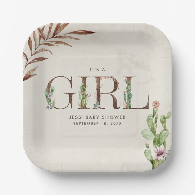 Floral Cactus Leather Girl Baby Shower Paper Plates (Front)