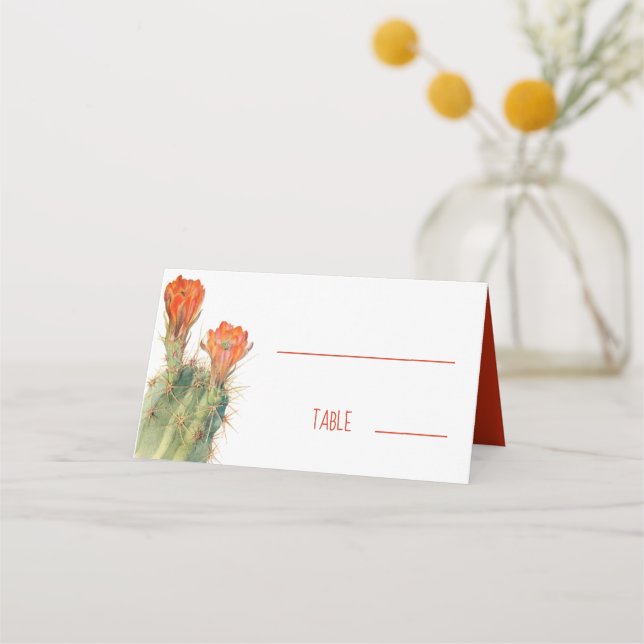 Floral Cactus Red Flowers Watercolor Wedding   Place Card (Front)