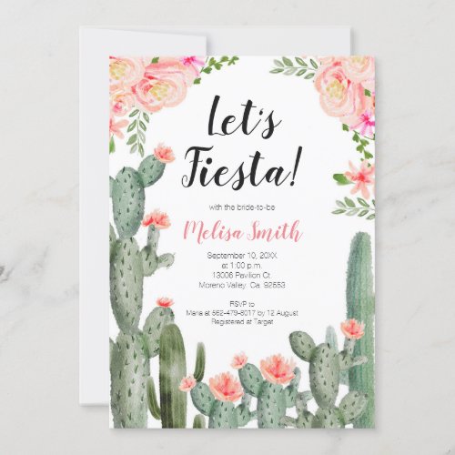 Floral Cactus Succulent Lets Fiesta Bridal Shower Invitation