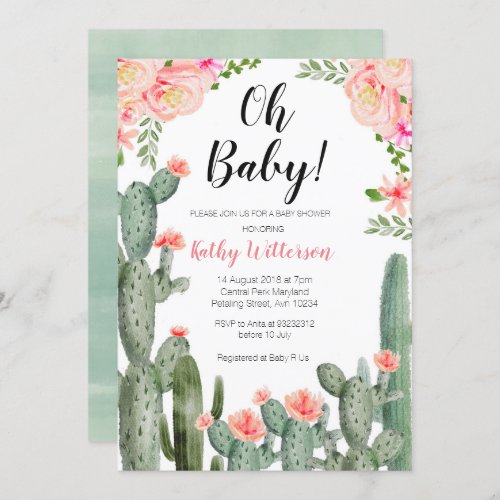 Floral Cactus Succulent oh baby shower invitation