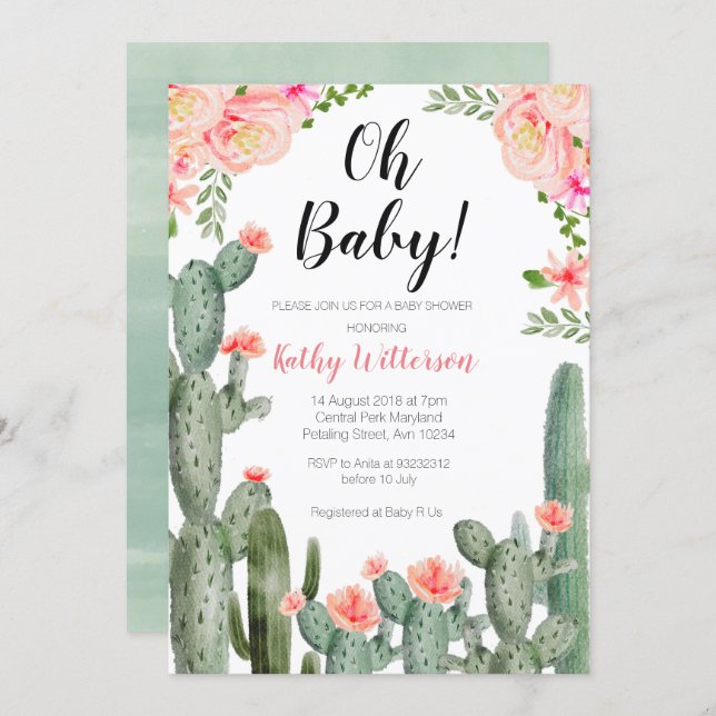 Floral Cactus Succulent oh baby shower invitation (Front/Back)