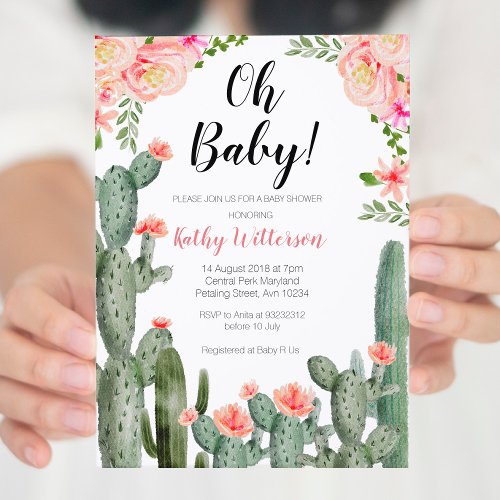 Floral Cactus Succulent oh baby shower invitation