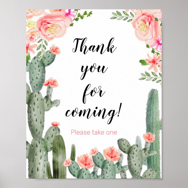 Floral Cactus Thank you for coming Favor Sign (Front)