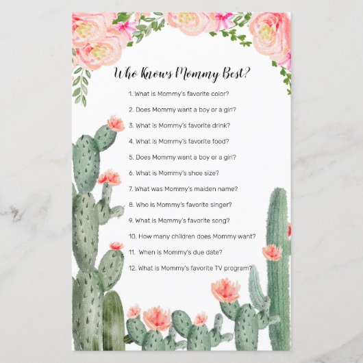 Floral Cactus Watercolor Who Knows Mommy Best Game (Front)