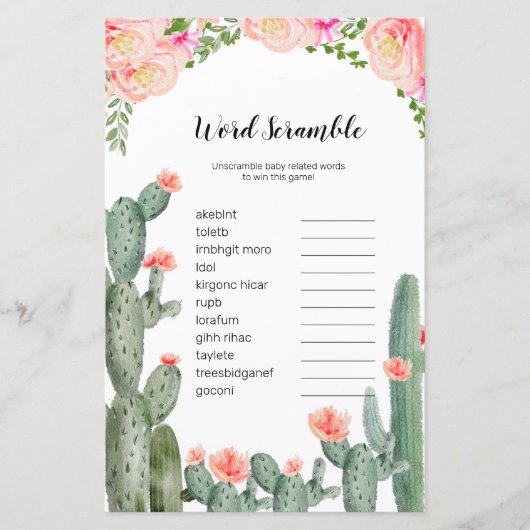 Floral Cactus Watercolor Word Scramble Game (Front)