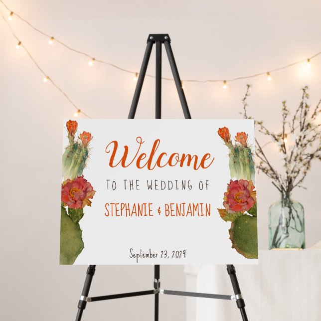 Floral Cactus Wedding Welcome Sign - Red Flowers (In Situ (Stand))