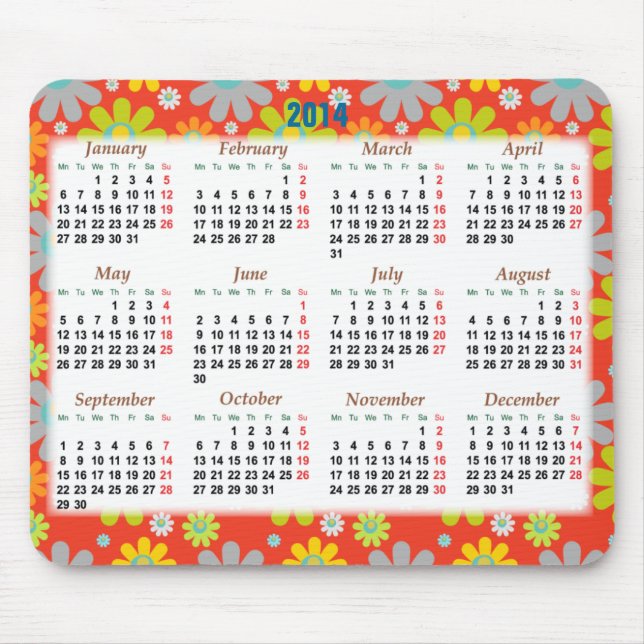 Floral calendar 2014 for the new year mouse pad (Front)