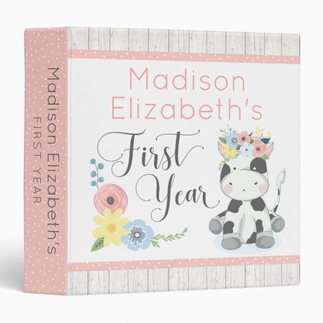 Floral Calf Cow Baby Girl First Year Scrapbook 3 Ring Binder (Front/Spine)