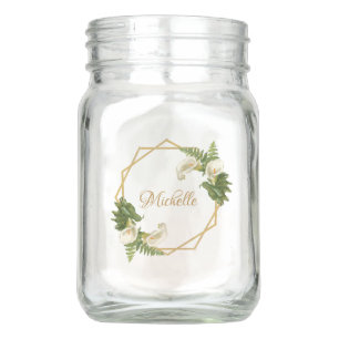 Floral Calla Lilies Fern Gold Girly Name Geometric Mason Jar