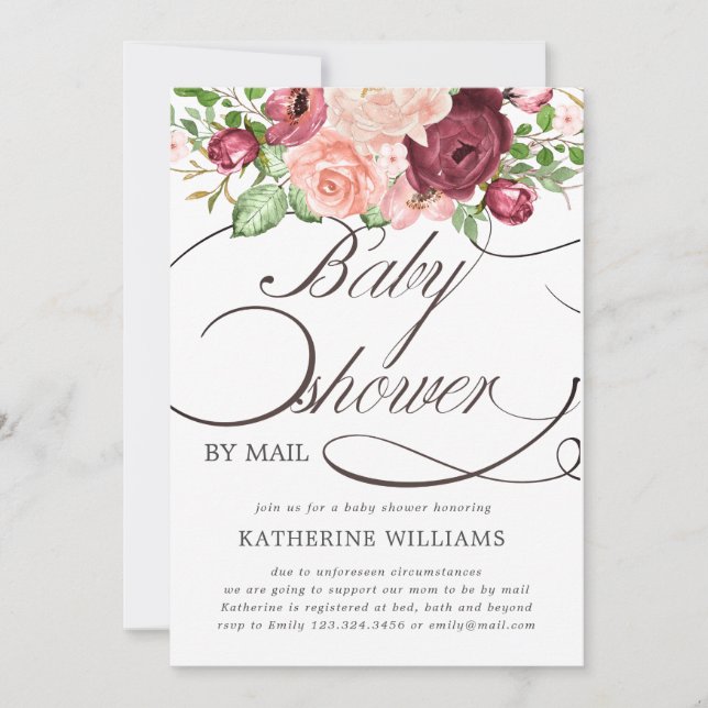 floral calligraphy baby shower by mail invitation (Front)