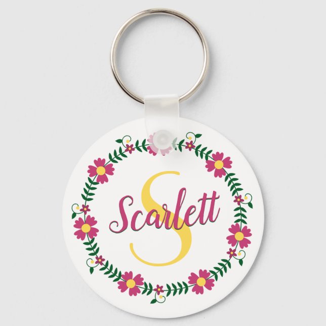 Floral Calligraphy Cursive Script Name Monogrammed Keychain (Front)