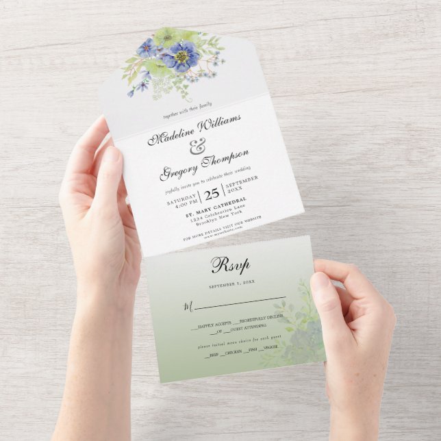 Floral Calligraphy Sage Green Moody Blue All In One Invitation (Tearaway)