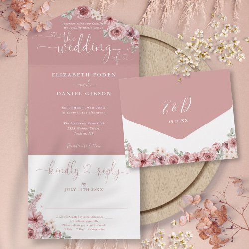 Floral Calligraphy Script Dusty Rose Wedding All In One Invitation