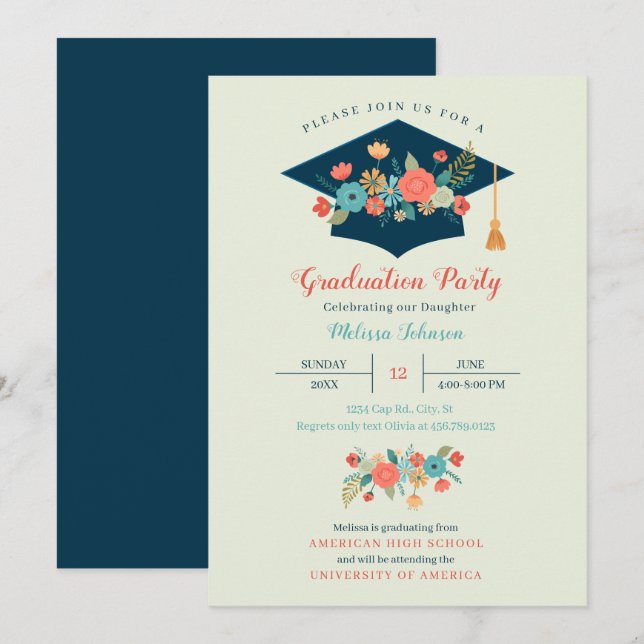Floral Cap Graduation Party Invitation (Front/Back)