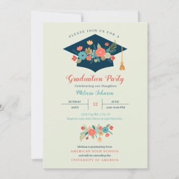 Floral Cap Graduation Party Invitation by marlenedesigner at Zazzle