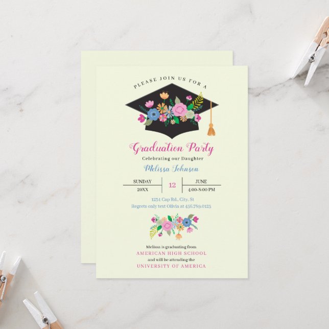 Floral Cap Graduation Party Invitation (Front/Back In Situ)