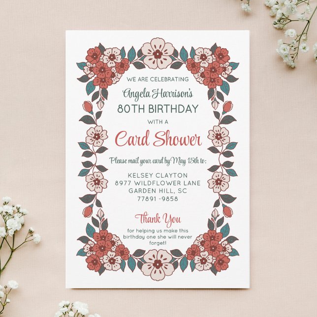 Floral Card Shower 80th Birthday Invitation (Creator Uploaded)