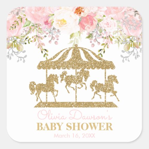 Floral Carousel Blush Pink and Gold Baby Shower Square Sticker