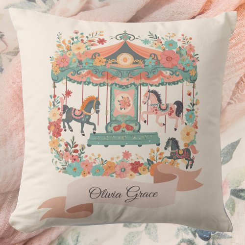 Floral Carousel Horse Custom Girls Throw Pillow