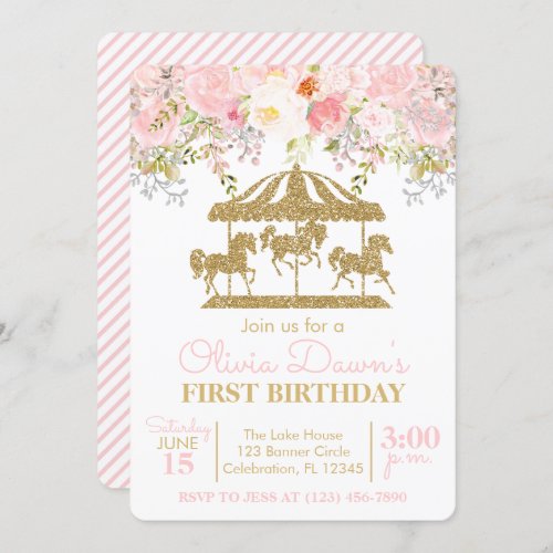 Floral Carousel Pink and Gold Girl Birthday Invitation