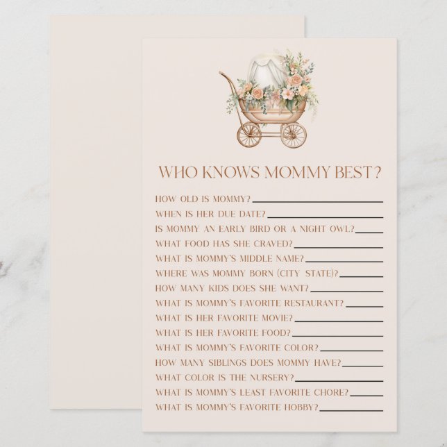 Floral Carriage Who Knows Mommy Baby Shower Game (Front/Back)