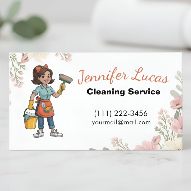  Floral Cartoon Maid House Cleaning Services  Business Card (Creator Uploaded)