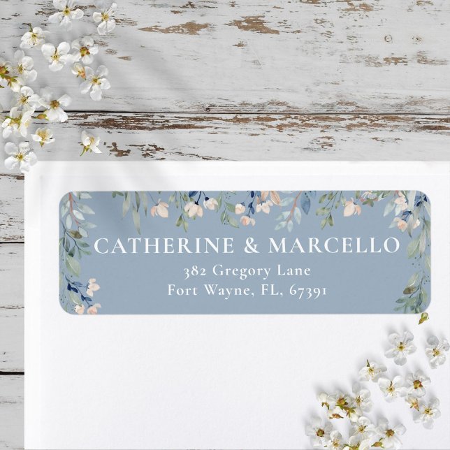 Floral Cascade Dusty Blue Wedding Return Address Label (Floral Cascade Dusty Blue Wedding Return Address Label)