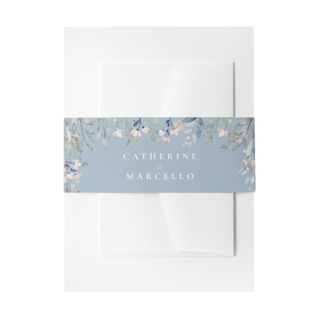 Floral Cascade Modern Dusty Blue Wedding Invitation Belly Band (Front Example)