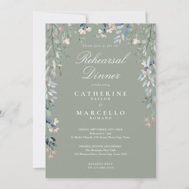 Floral Cascade Sage Green Rehearsal Dinner Invitation (Front)