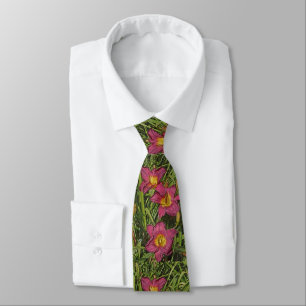 FLORAL/CASCADING LINE OF DARK-PINK COLORED DAYLILI NECK TIE