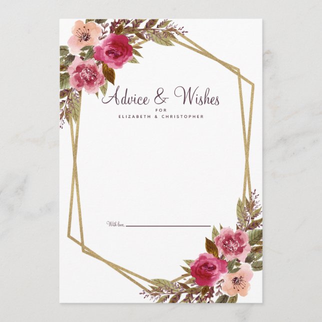 Floral Cassis Purple White Gold Wedding Wishes Advice Card (Front)