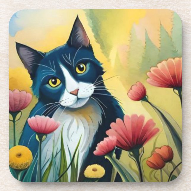 FLoral cat  Beverage Coaster (Front)
