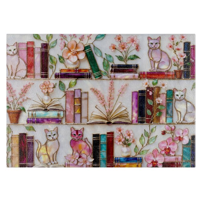 Floral Cat Bookshelf Glass Cutting Board Decor (Front)
