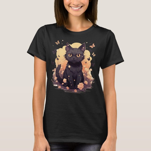 Floral Cat Butterflies Aesthetic Girls Women Graph T-Shirt (Front)