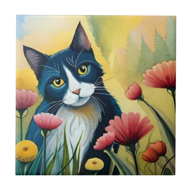 FLoral cat  Ceramic Tile (Front)