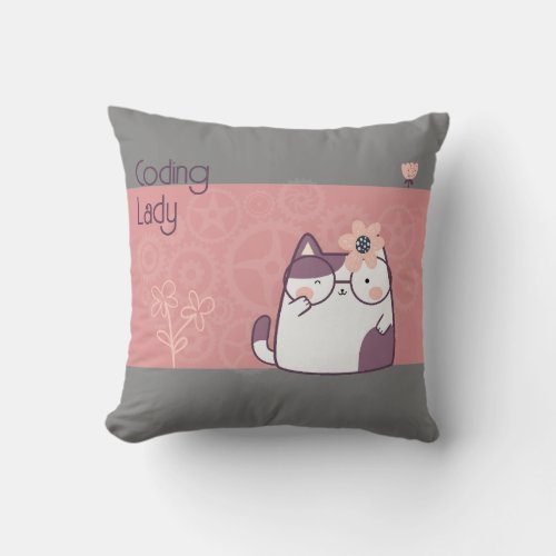 Floral cat coding lady pink and grey cog wheel throw pillow