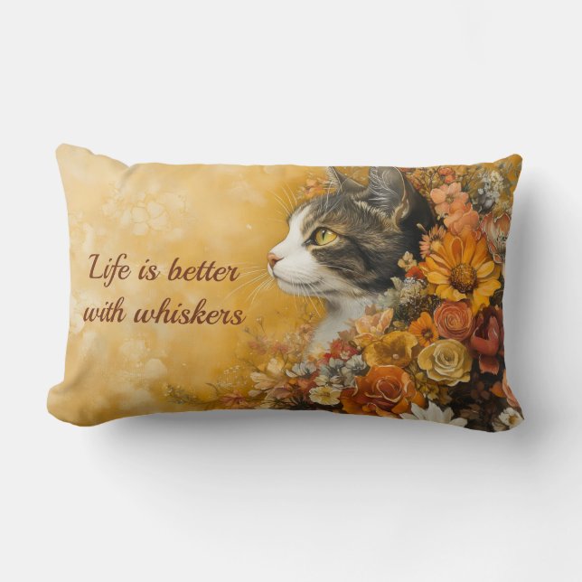 Floral Cat & Custom Quote Lumbar Pillow (Front)