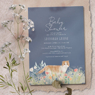 Floral Cat Dark Navy Blue Neutral Baby Shower Invitation
