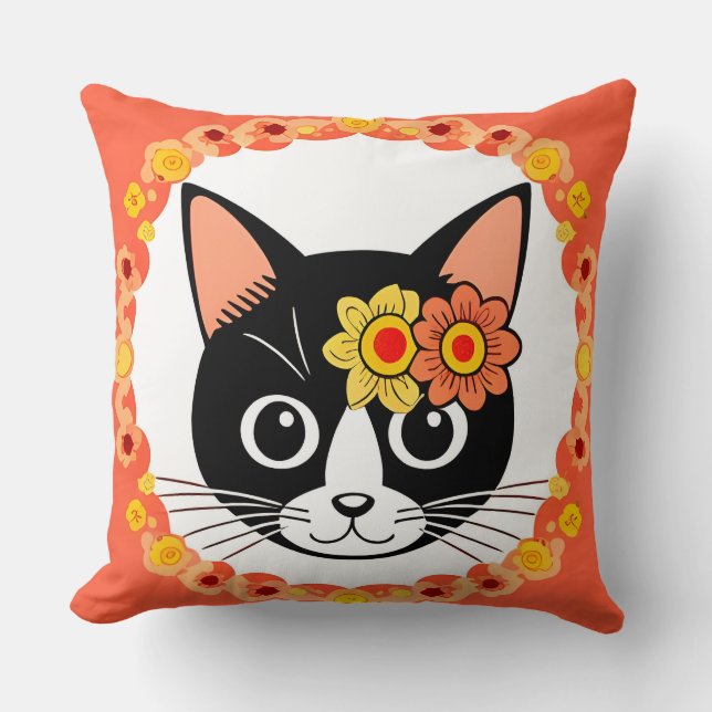 🐱 Floral Cat Elegant Home Style Bloom ✨ Throw Pillow (Front)
