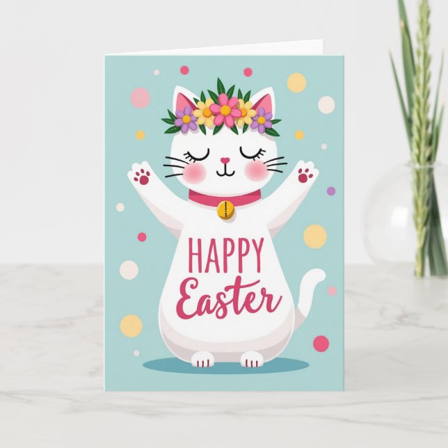 Floral Cat Happy Easter Card (Front)