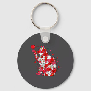 Floral Cat Heart Valentines Day Meow Kitty Kitten  Keychain