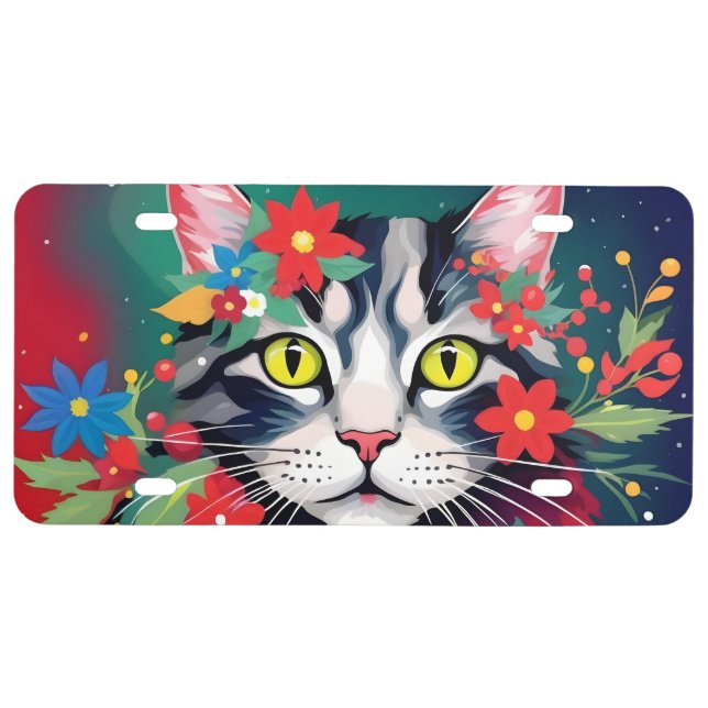 Floral Cat  License Plate (Front)