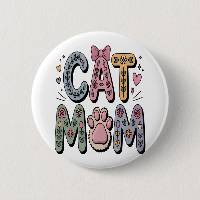 Floral Cat Mom with Paw Print Button (Front)