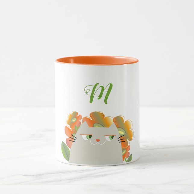 Floral Cat Mug Monogram Orange Green Cute (Center)
