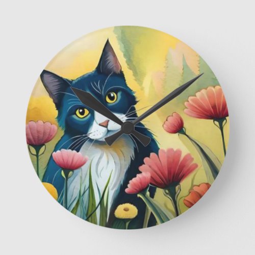 FLoral cat  Round Clock