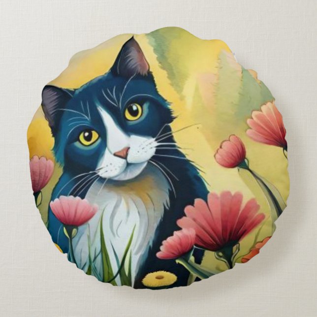 FLoral cat  Round Pillow (Back)